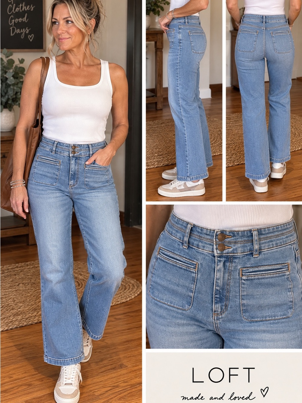 LOFT Light Blue Flared Jeans with Front Patch Pockets